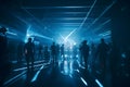 Silhouette in rave night club under blue rays beams enjoying at concert. Neural network AI generated Royalty Free Stock Photo