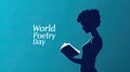 silhouette of a reading girl holding a book in her hand, world poetry day, berquoise background, poster card Royalty Free Stock Photo