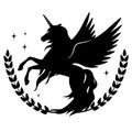 Silhouette of a rearing unicorn with branches and stars. Black silhouette on a white background. Element for creating