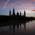 Silhouette and reflection of the basilica of Pilar in Zaragoza.