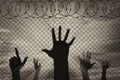 Silhouette refugees hands near the border fence Royalty Free Stock Photo