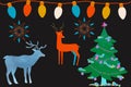 silhouette of reindeer, Christmas tree, lights on black background Royalty Free Stock Photo