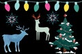 silhouette of reindeer, Christmas tree, lights on black background Royalty Free Stock Photo