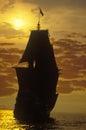 Silhouette of a replica of the Mayflower at sunset, Plymouth, Massachusetts