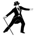 Silhouette of Retro Dancer. Man in tailcoat and top hat with cane dancing Royalty Free Stock Photo