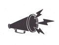 Silhouette of retro megaphone with lightnings symbol of noise. Vector illustration. Hand loud speaker. Voice audio information