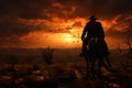 Silhouette rider, open plain, western sunset