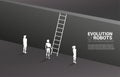 Silhouette robot standing with with ladder to climb to wall and businesswoman and businessman.