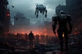 Silhouette of a robot standing in the middle of a destroyed city, An intimidating dystopian world with robotic enforcers