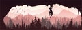 Silhouette of rock climber climbing overhang in cave. Forest and mountains in the background, birds. Magical misty landscape.