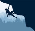 Silhouette of rock climber climbing overhang. Forest in background. Magical misty landscape, fog. Blue illustration. Badge, stic Royalty Free Stock Photo