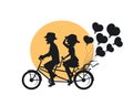Silhouette of romantic cheerful couple riding tandem bike with heart shaped balloons Royalty Free Stock Photo