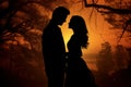 Silhouette of romantic couple admiring sunset together. Generate ai