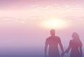 Silhouette Romantic Couple Holding Hands At Sunset Lovers Man And Woman Copy Space Royalty Free Stock Photo