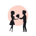 Silhouette of romantic couple in love on a first date, man surprises woman with flowers