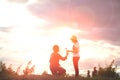 Silhouette romantic couple in love and happy time sunset & x28;Soft f Royalty Free Stock Photo