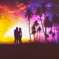 Sunset Couple Silhouette Retro Vintage Style