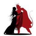 Silhouette of romantic devil dancing with a lady. Halloween dance.