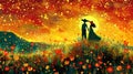 Silhouette of romantic mexican couple in the meadow with flowers