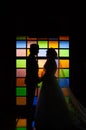 Silhouette romantic Scene of love couples on colorful wall