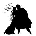 Silhouette of romantic and victorian couple dancing. Cloud of bats on the background.