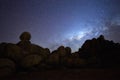 Silhouette of rounded rocky structures against milky way and the stars of african sky. Night sky photo. Twyfelfontein, Madisa,