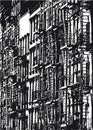 Silhouette of a row of houses in New York City in black and white