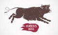 Silhouette of a running bull, with a silhouette spot of fire as a design element. Royalty Free Stock Photo