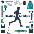 Silhouette of a running man, surrounded by icons of sports equipment for different sports. Healthy lifestyle illustration icon set Royalty Free Stock Photo