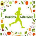 Silhouette of a running man, surrounded by icons of vegetables. Healthy lifestyle illustration icon set for infographics. Royalty Free Stock Photo