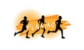 silhouette running man with yellow brushed and orange color halftone graphic on white background
