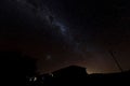 Silhouette of rural house under starry fairy night sky