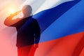 Silhouette of russian soldier in uniforms on background of the Russian flag. 3d rendering.