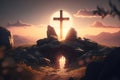 Silhouette sacred ancient religious cross on stones in mountains. Holy symbol of faith and hope. Generative ai illustration Royalty Free Stock Photo