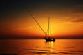 Silhouette of a sailboat at sunset on the sea, Silhouette of a downrigging fishing rod at sunset, AI Generated