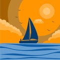 silhouette of a sailboat at sunset, vector illustration, sailing boat sailing in the ocean, silhouette of the sea and ship, girl Royalty Free Stock Photo