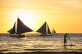 Silhouette of sailing boats at sunset in Boracay island Royalty Free Stock Photo