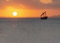 Silhouette of Sailing Ship in the Ocean at Sunset Time.Adventure Concept Royalty Free Stock Photo