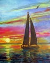 Silhouette of a sailing yacht against the backdrop of a bright sea sunset, oil painting Royalty Free Stock Photo