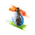 Silhouette of saluting man performing stunt on bullet with shiny Ashoka Wheel.