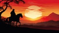 Silhouette of samurai riding horse at sunset Royalty Free Stock Photo