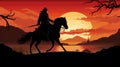 Silhouette of samurai riding horse at sunset Royalty Free Stock Photo