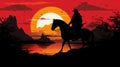 Silhouette of samurai riding horse at sunset Royalty Free Stock Photo