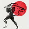 Silhouette Samurai. Chinese style. Watercolor hand painting illustration