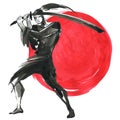 Silhouette Samurai. Chinese style. Watercolor hand painting illustration