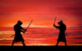 Silhouette of samurais in duel. Picture with two samurais Royalty Free Stock Photo