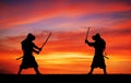 Silhouette of samurais in duel. Picture with two samurais Royalty Free Stock Photo