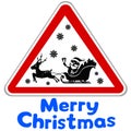 Silhouette of Santa Claus with a deer in a road sign, Caution Santa. Merry christmas