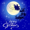 The silhouette of Santa Claus on deer in a sleigh slides against the background of a full moon and stars. Merry Christmas. Vector Royalty Free Stock Photo