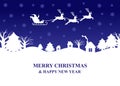 Silhouette Santa Claus flies a reindeer sleigh over the night village Royalty Free Stock Photo